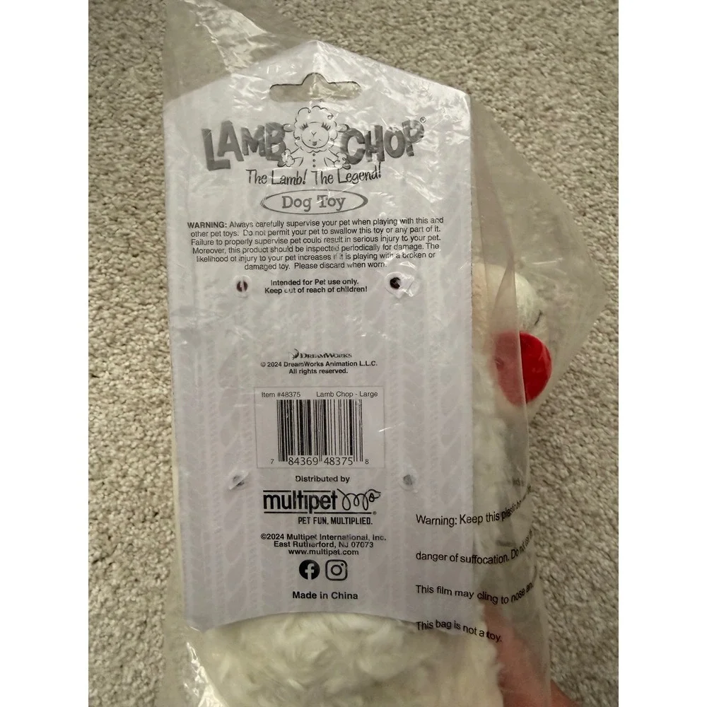 Multipet Lamb Chop Large‎ Plush Squeaky Dog Toy White Red 48375 NEW